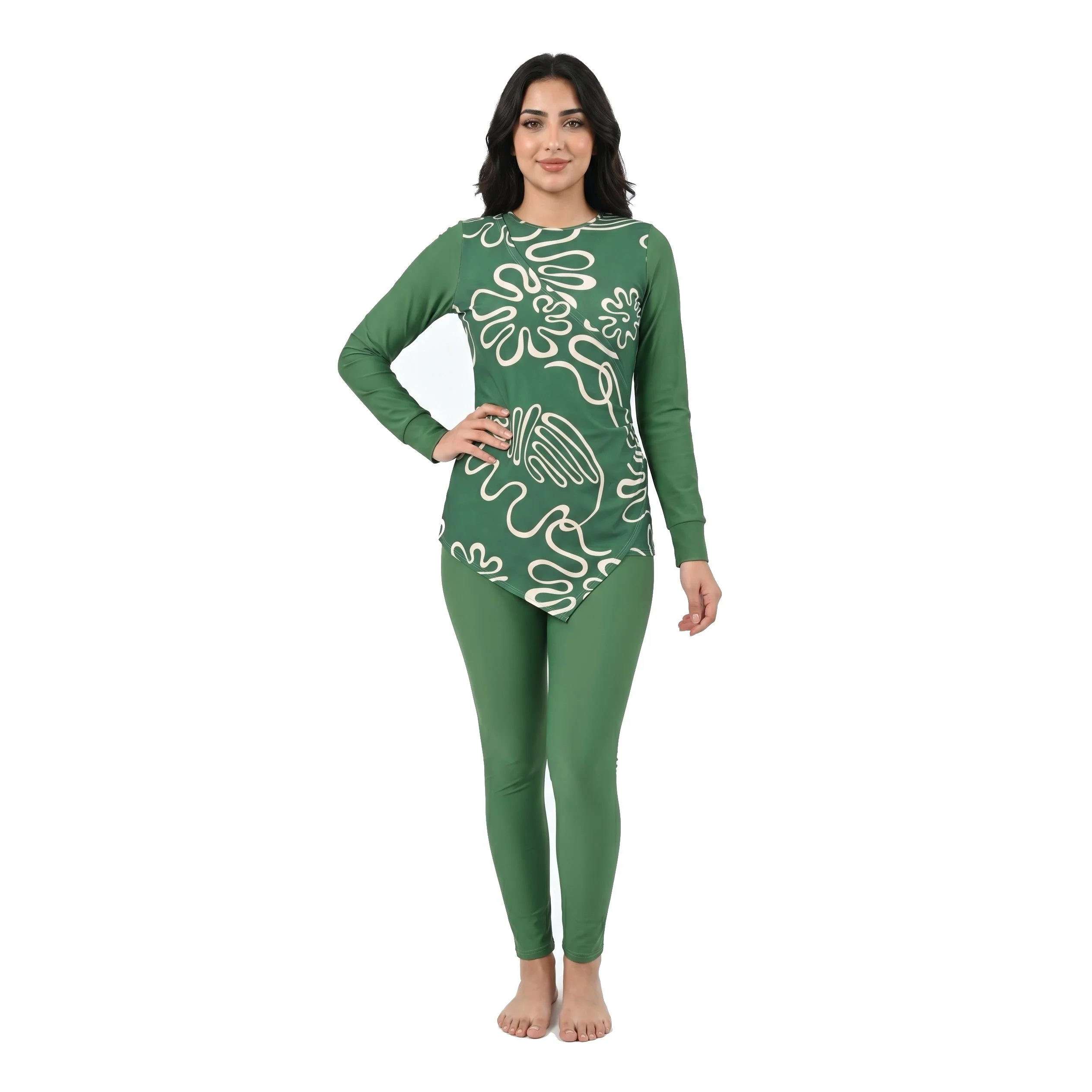 Aerobird Burkini Full Set For Women, Green Print&Green - Image 2