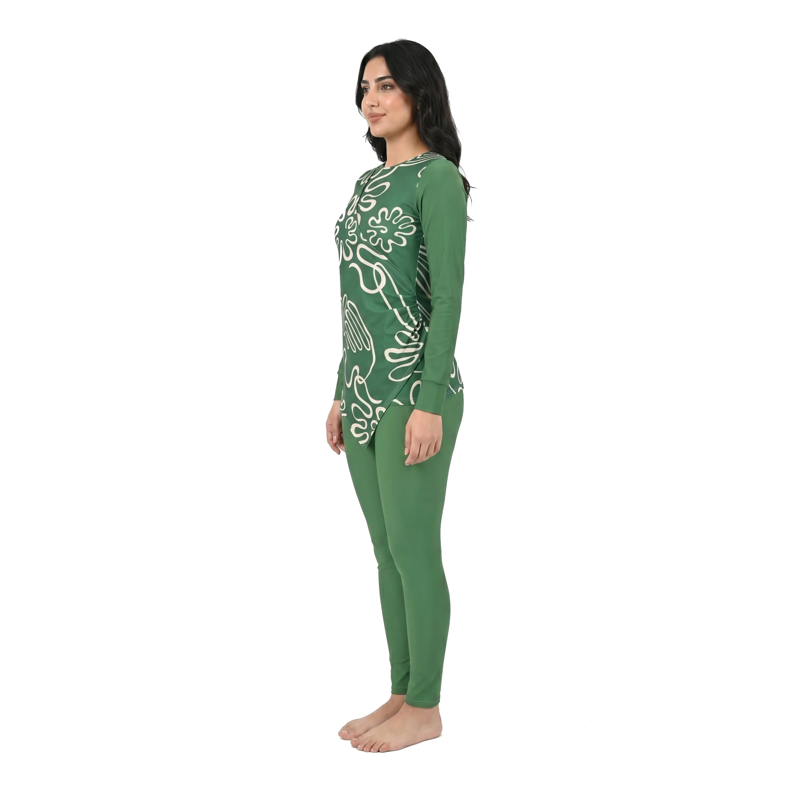 Aerobird Burkini Full Set For Women, Green Print&Green - Image 3