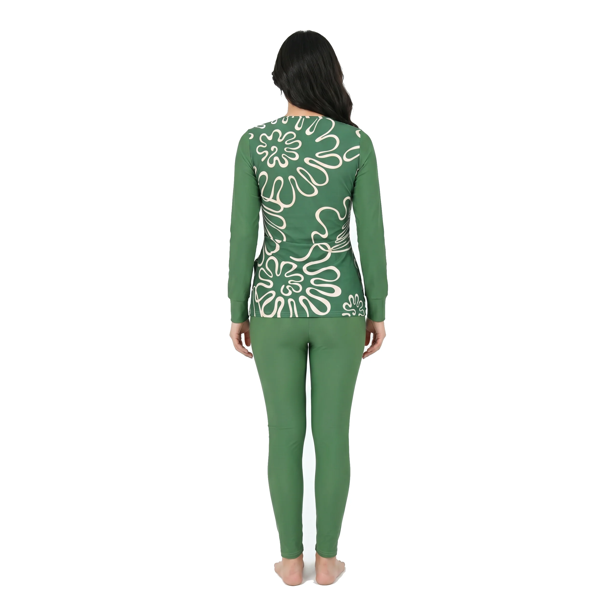 Aerobird Burkini Full Set For Women, Green Print&Green - Image 4