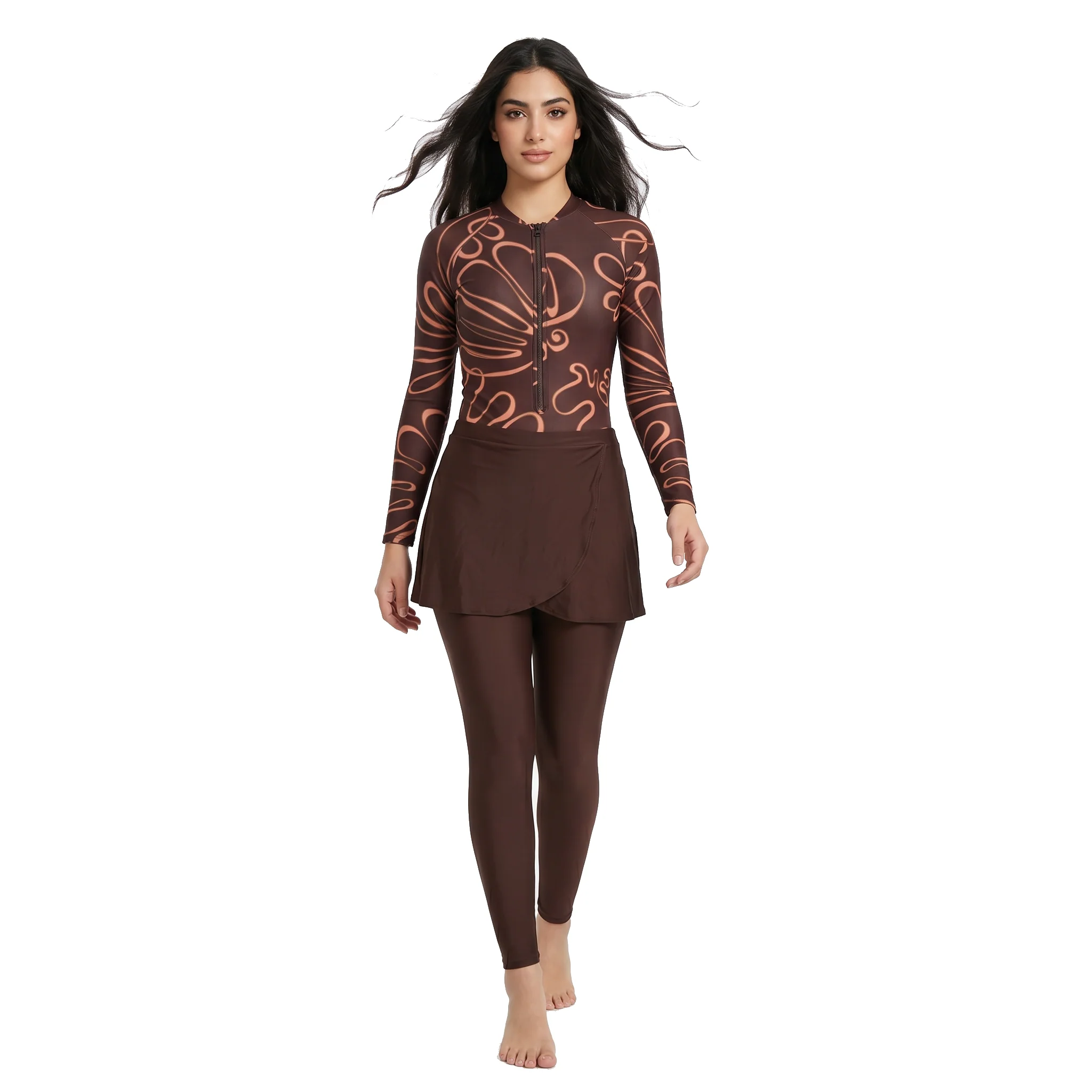Aerobird Burkini Full Set For Women, Brown Print&Brown - Image 2
