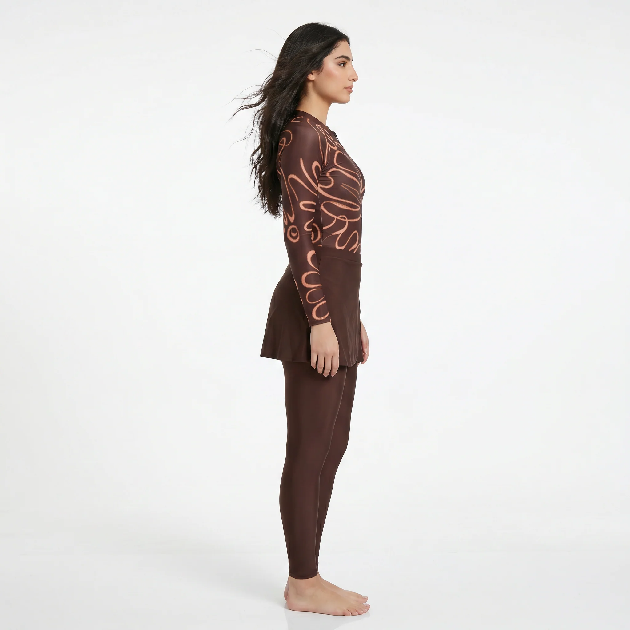 Aerobird Burkini Full Set For Women, Brown Print&Brown - Image 3
