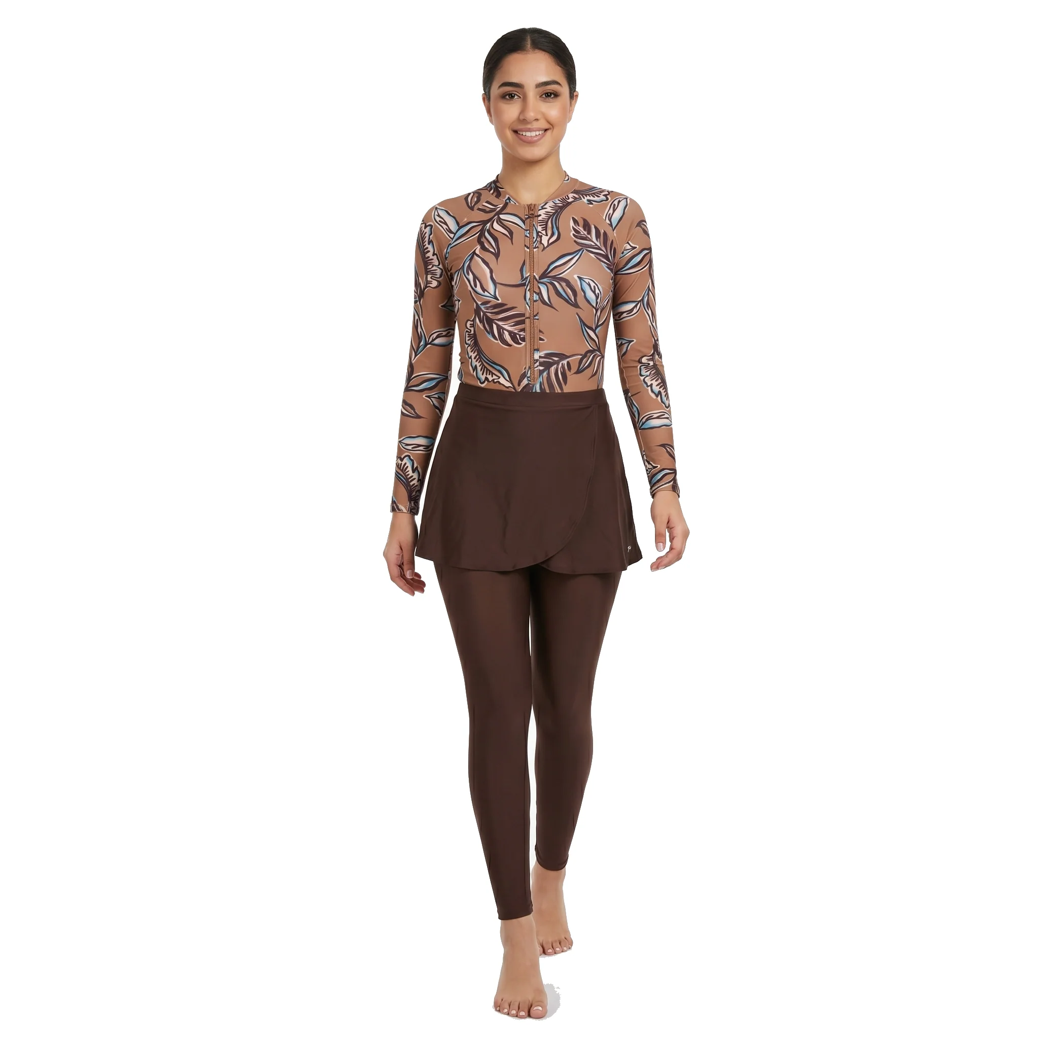 Aerobird Burkini Full Set For Women, Yellow Print&Brown - Image 2